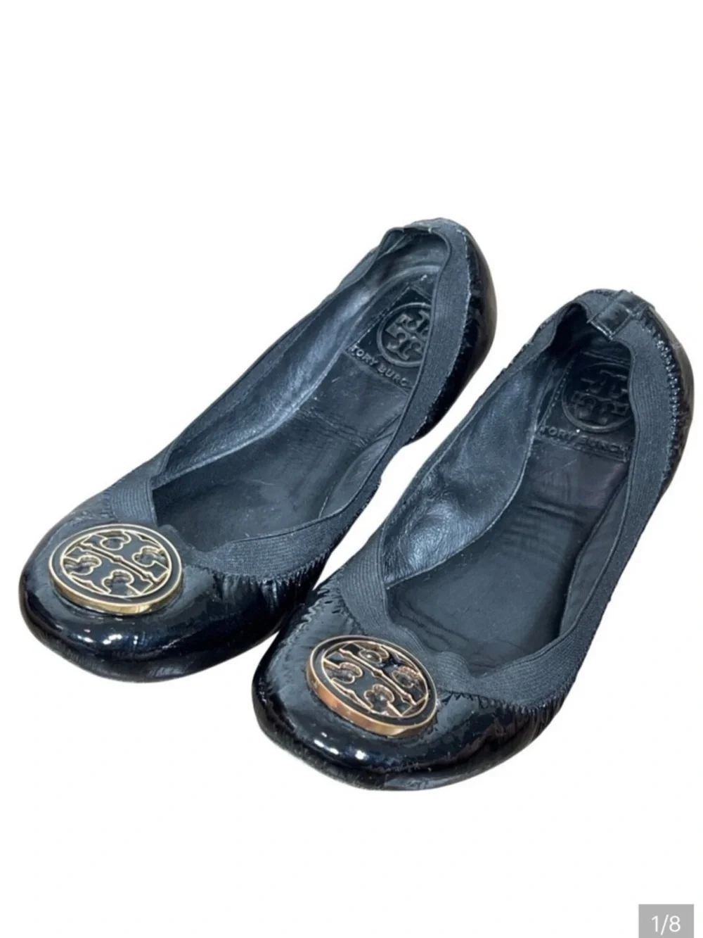 TORY BURCH Caroline Patent Leather Ballet Flats Black Gold/Black Medallion 7.5